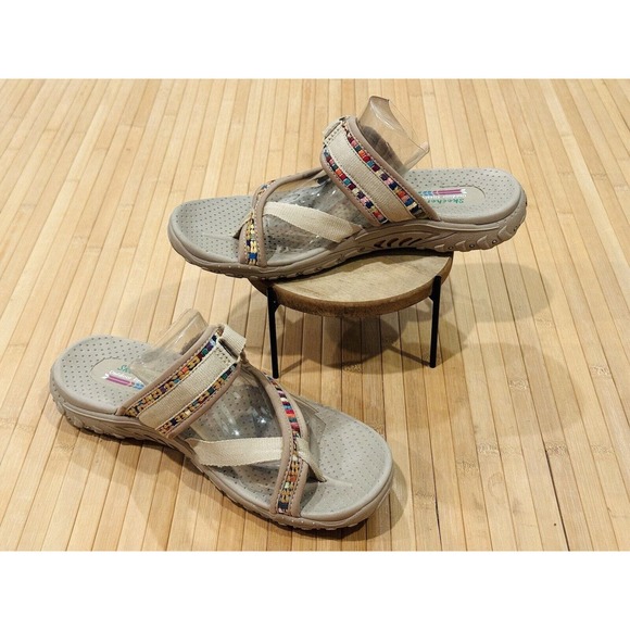 Skechers ‘Reggae Mad Swag’ Tan Sandals With Multicolored Trim Sz 10 EUC - Picture 2 of 11